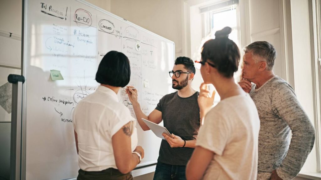 4 marketingmedewerkers aan het werk bij een whiteboard